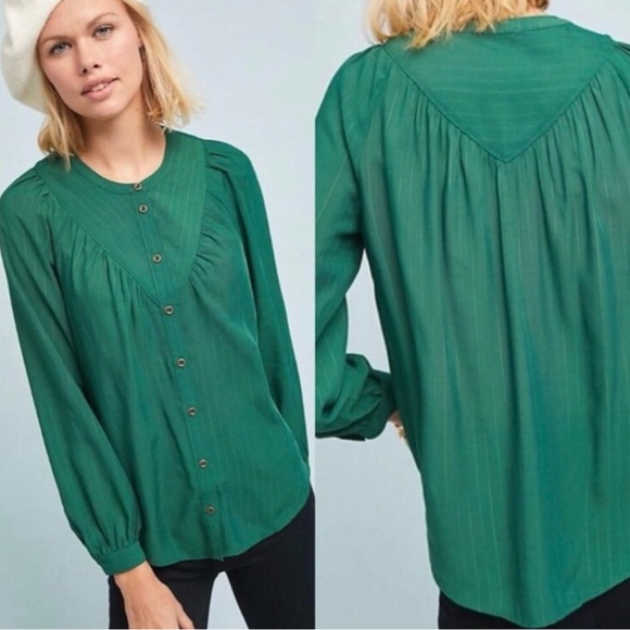 Maeve Tops - Anthropologie Maeve - Avignon Buttondown Long Sleeve Blouse - Emerald Green - XL